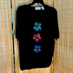 Alfred Dunner Short Sleeve Beaded Appliqué Black Cardigan Lg